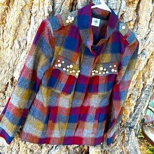 CAbi  Multi-Color Plaid shirt jacket with pearls zip down
